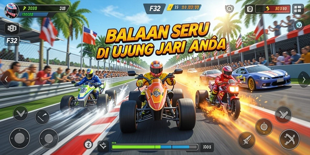Tampilan menarik dari gameplay F32 yang penuh aksi balapan.