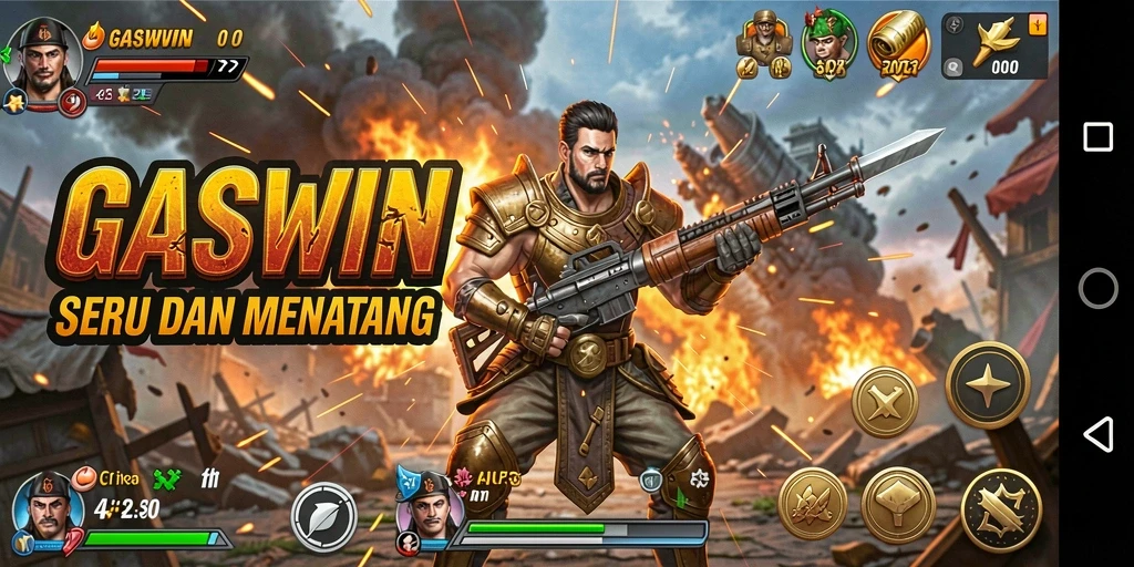 Tampilan gameplay GASWIN menampilkan pertarungan mendebarkan dan karakter unik.