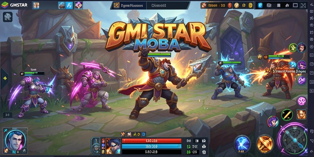 Screenshot gameplay GMSTAR menampilkan pertempuran intens di arena MOBA.