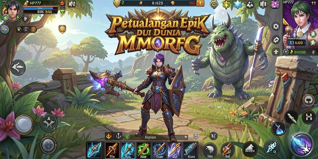 Screenshot menunjukkan pertarungan epik dalam game MMORPG HP777.