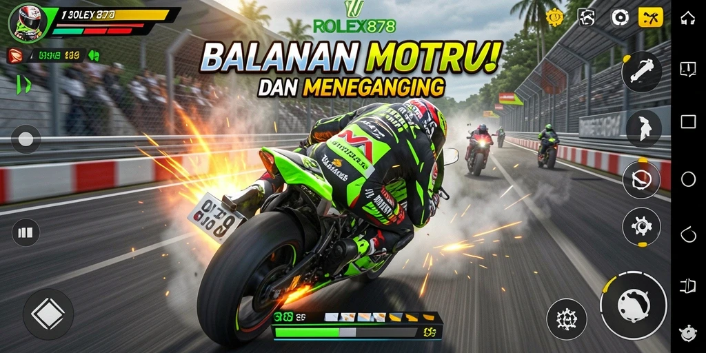 Tampilan gameplay yang mendebarkan dari ROLEX878 saat balapan motor.